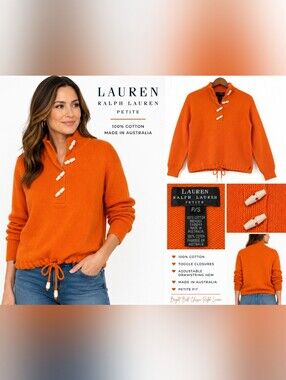 Lauren Ralph Lauren Petite P/S Orange Cotton Toggle Sweater Made in Australia